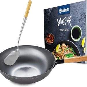 Set wok in acciaio al carbonio Base piatta o rotonda per gas, induzione e grill I Padella wok con manico in legno, ricettario e pala